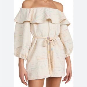 Something Navy Cream Rainbow Weave Ruffle Off Shoulder Romper